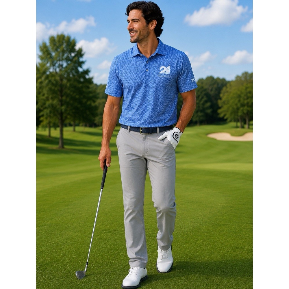 Johnnie-O POLO SHIRT Men's large Blue DIAMOND PRINT MORTGAGE LOGO
